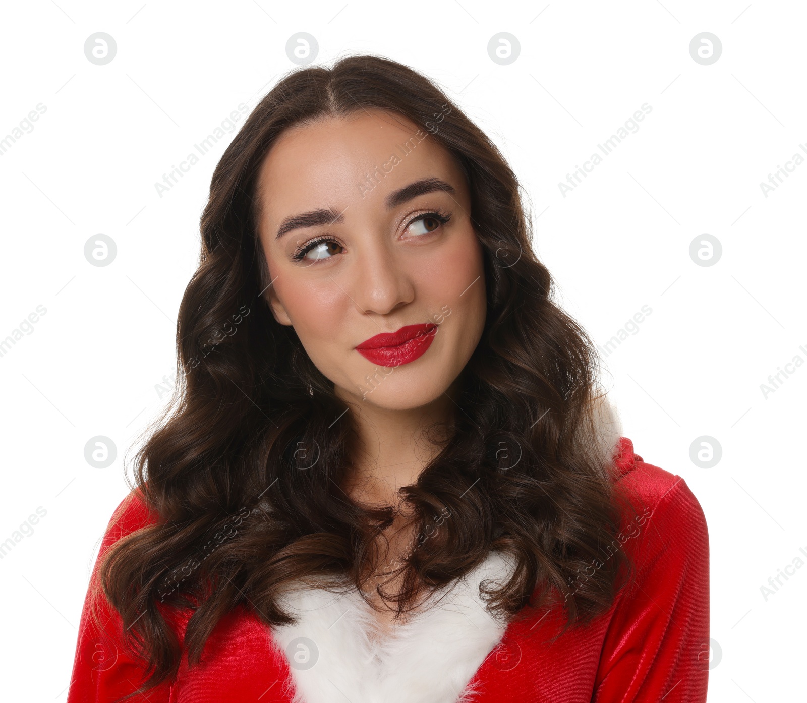 Photo of Beautiful young woman in Christmas red dress isolated on white
