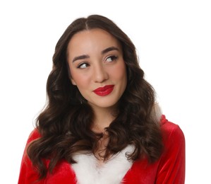 Photo of Beautiful young woman in Christmas red dress isolated on white