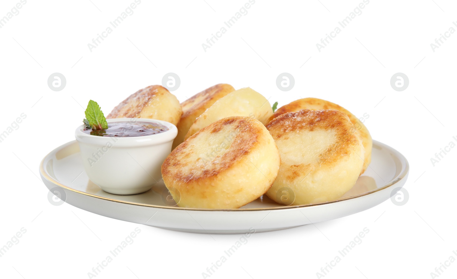 Photo of Delicious cottage cheese pancakes with jam and icing sugar isolated on white