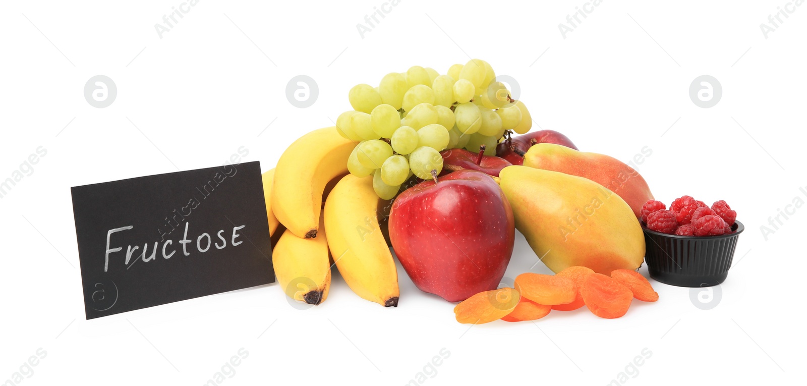Photo of Card with word Fructose, delicious ripe fruits, raspberries and dried apricots isolated on white
