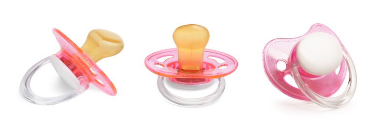 Image of Collage of baby pacifier on white background, views from different sides