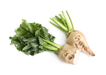 Whole and cut sugar beets on white background