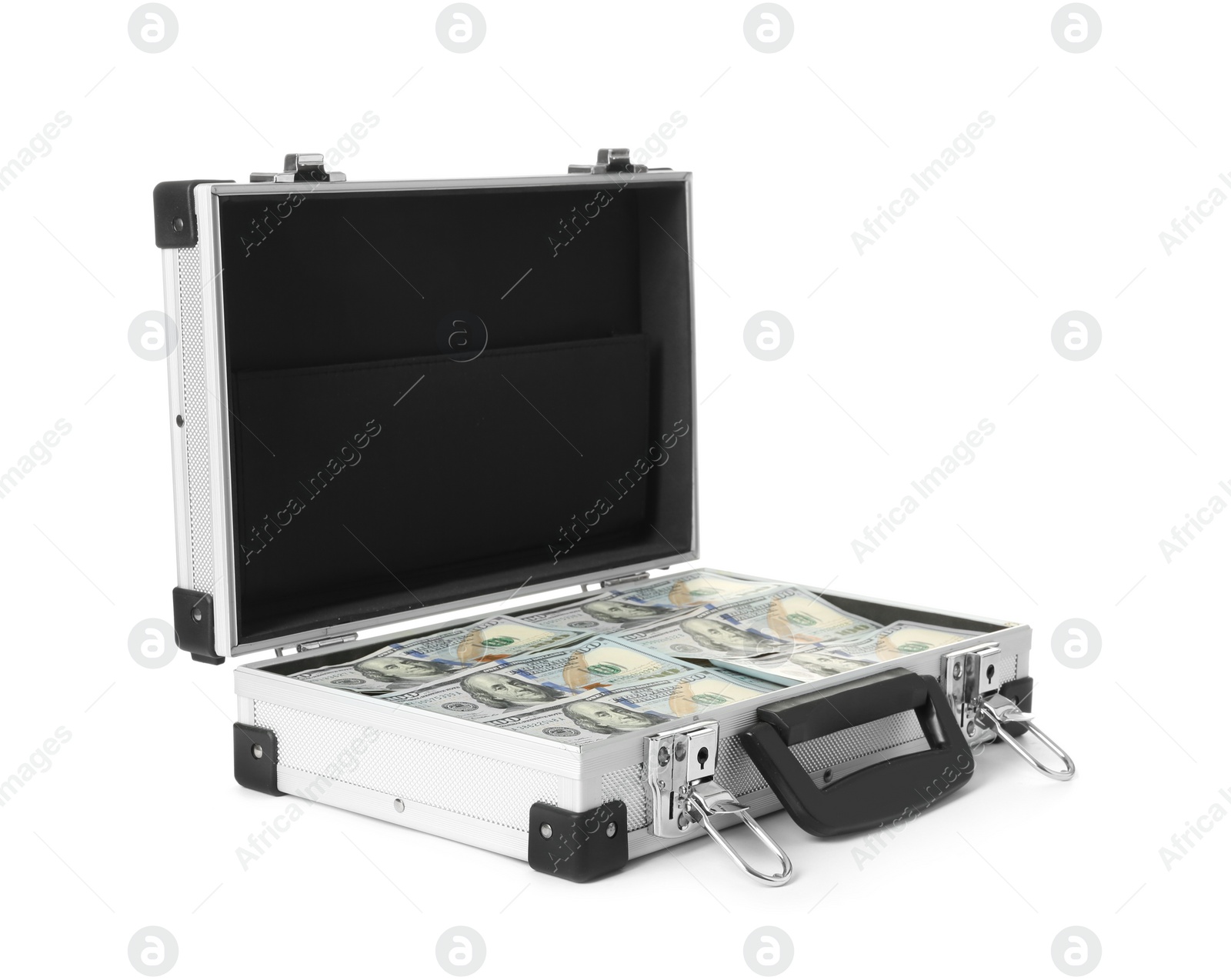 Photo of Open hard case full of money on white background