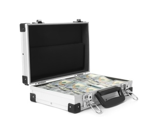 Open hard case full of money on white background