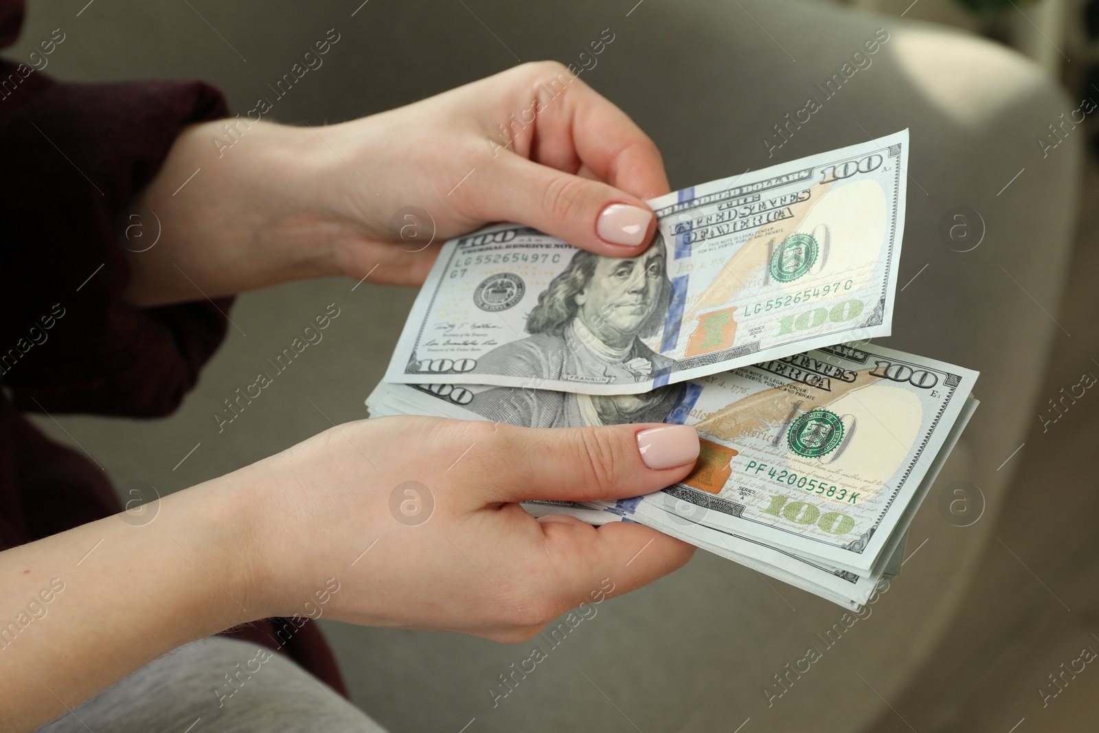 Photo of Money exchange. Woman counting dollar banknotes on blurred background, closeup