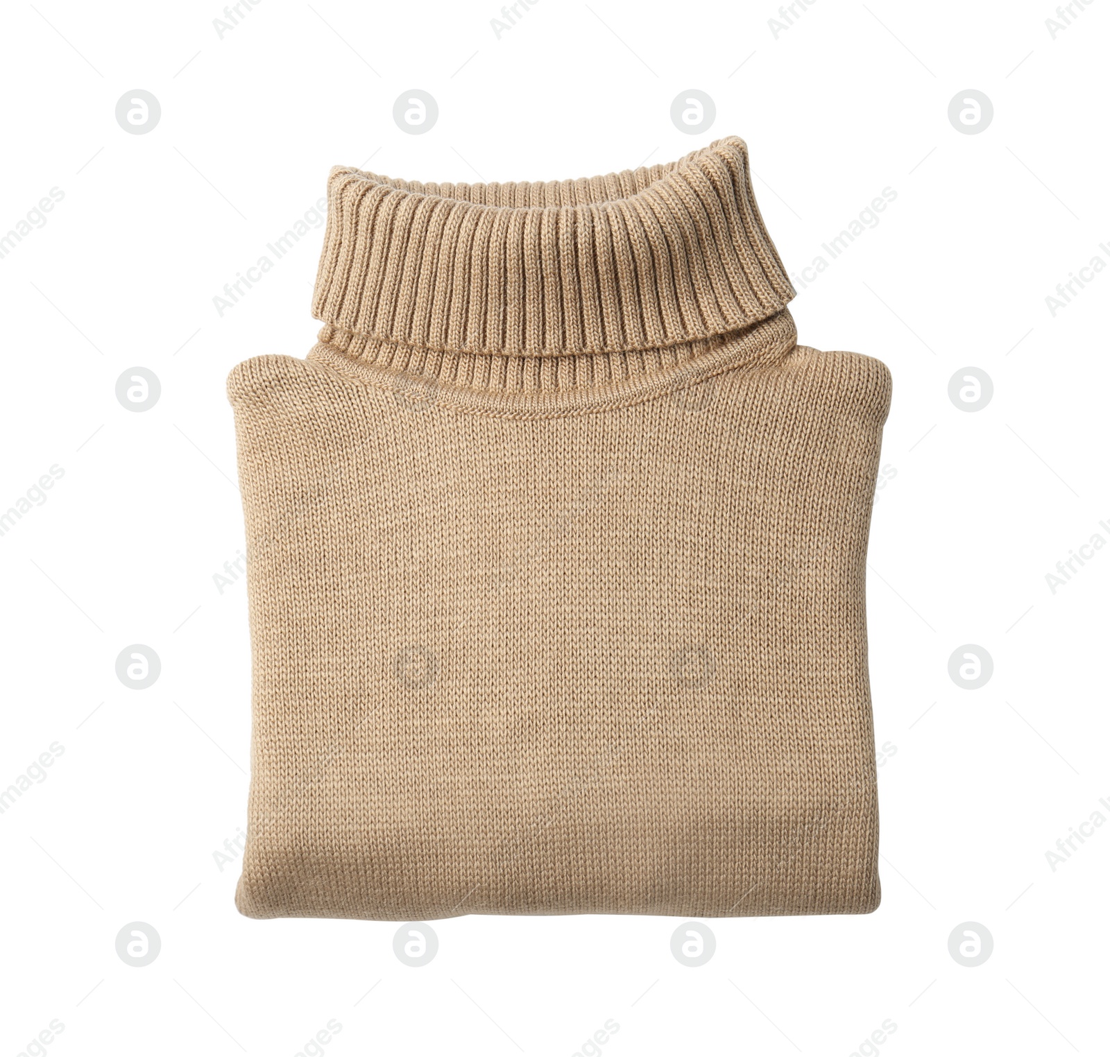 Photo of Folded brown turtleneck sweater isolated on white, top view