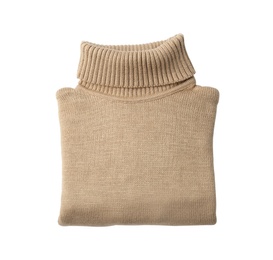 Folded brown turtleneck sweater isolated on white, top view