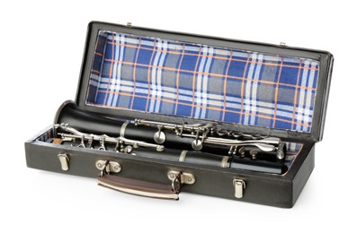 Clarinet in case isolated on white. Woodwind musical instrument
