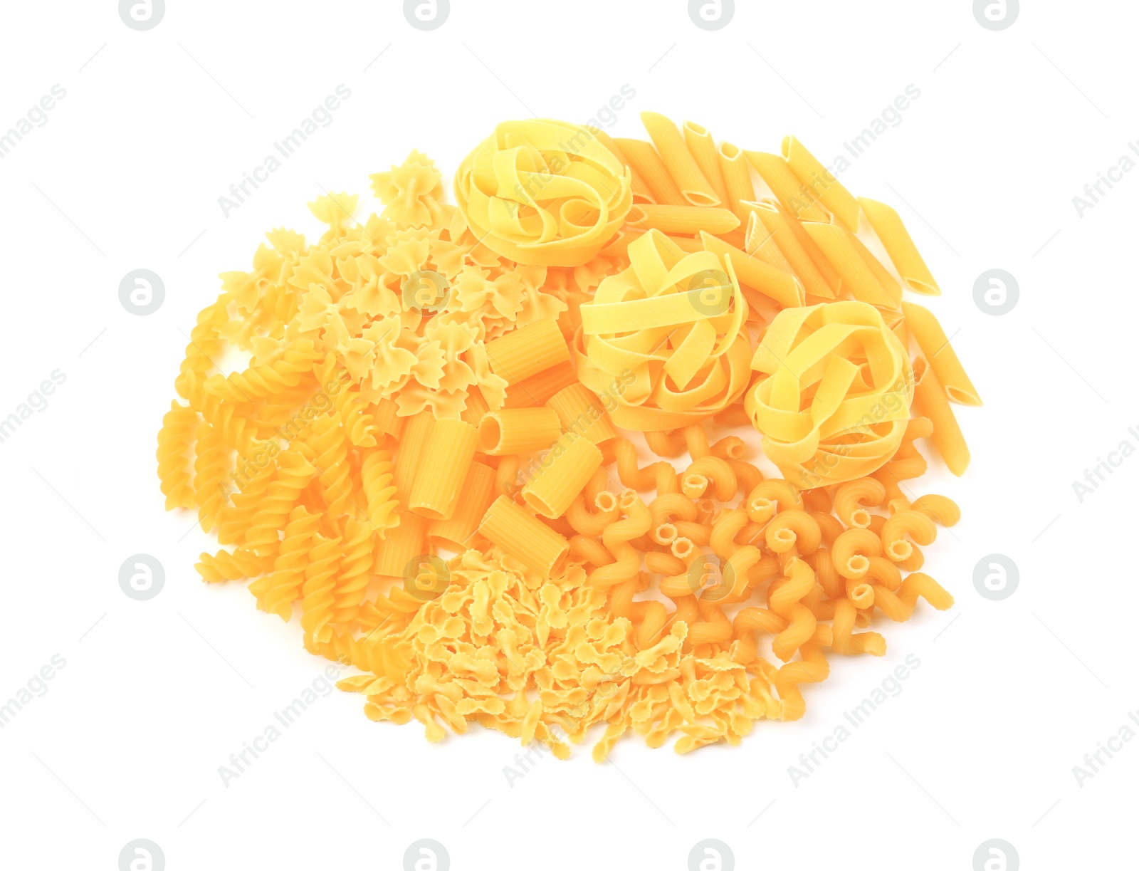 Photo of Different types of pasta isolated on white, top view