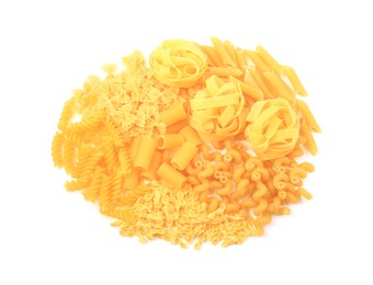 Photo of Different types of pasta isolated on white, top view