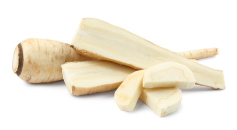 Photo of Tasty fresh ripe parsnips on white background