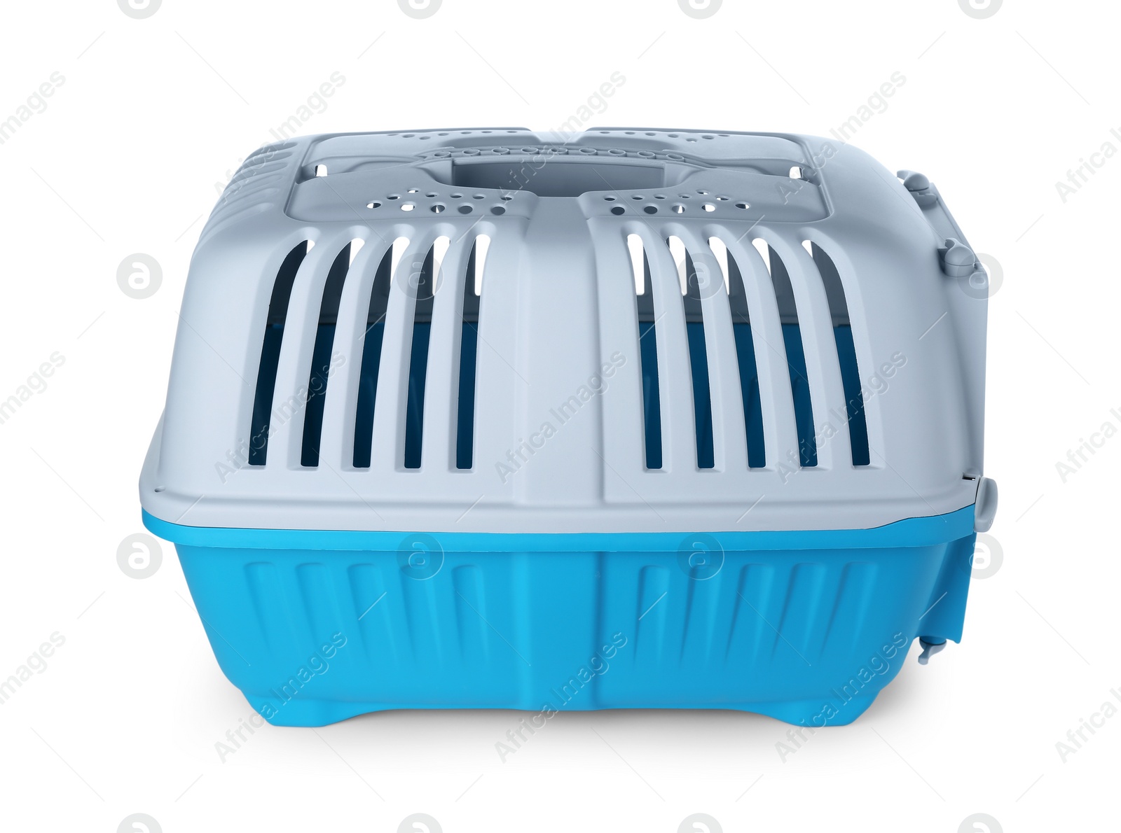 Photo of Light blue pet carrier isolated on white