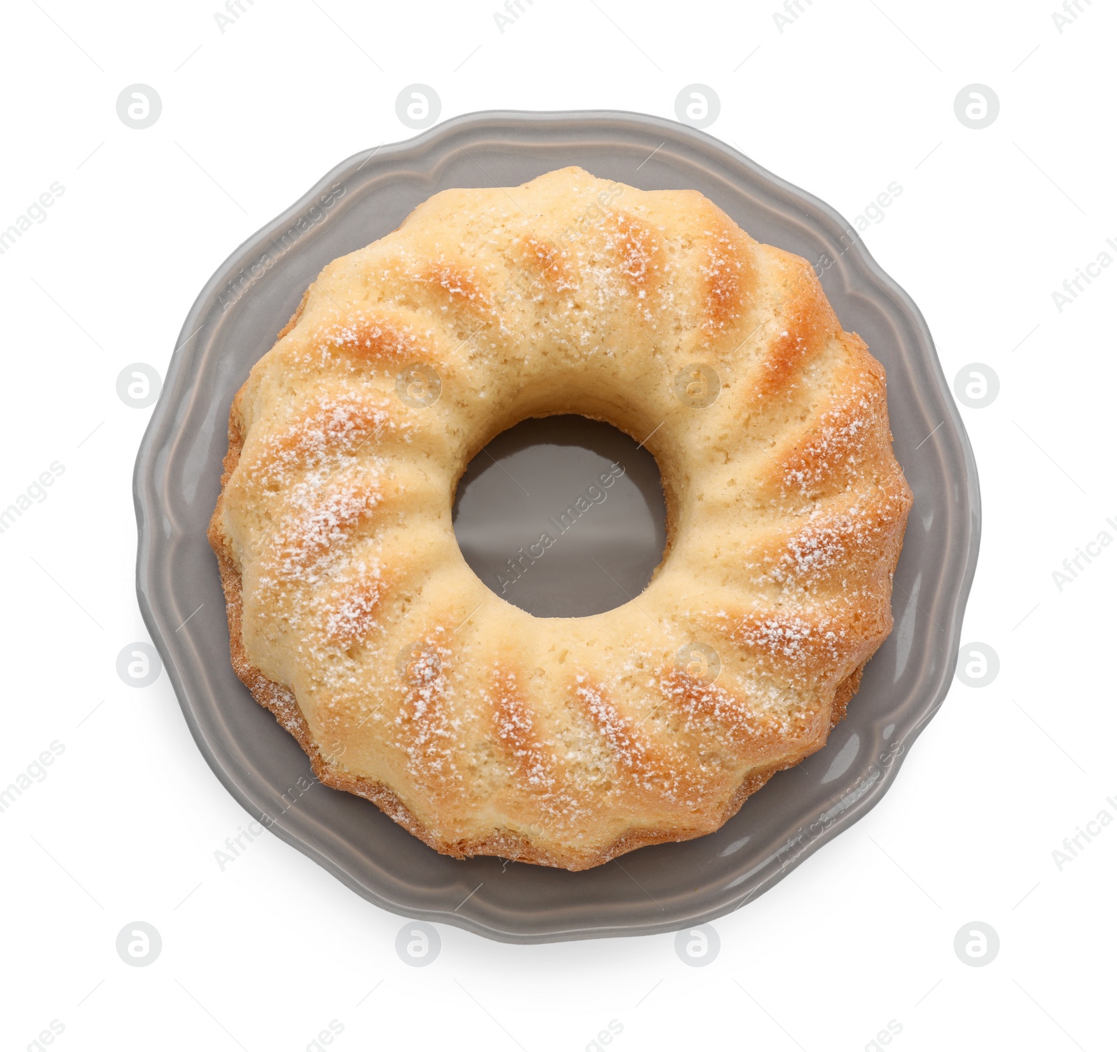 Photo of Delicious freshly baked sponge cake isolated on white, top view