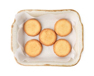 Photo of Tasty sweet sugar cookies in baking dish isolated on white, top view