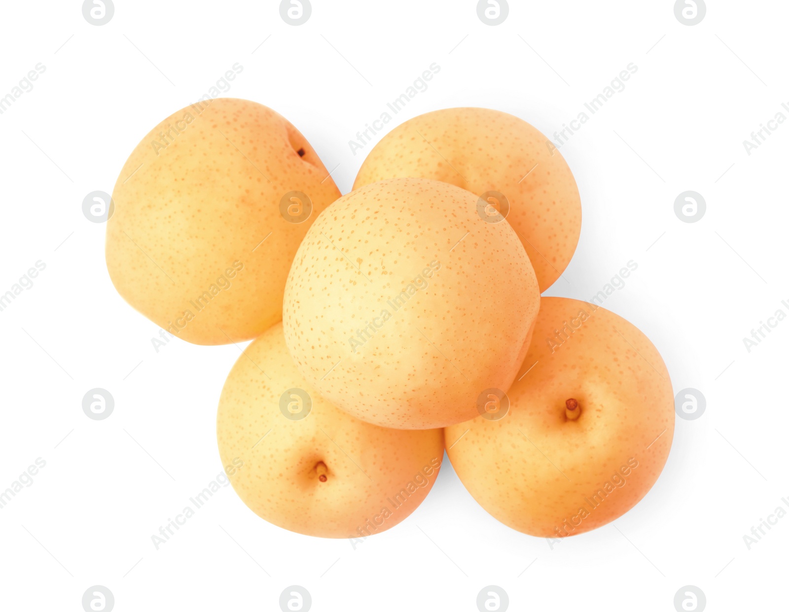 Photo of Many fresh ripe apple pears isolated on white, top view