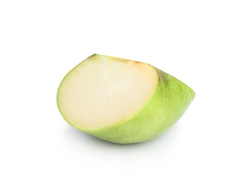 Photo of Piece of fresh green apple on white background