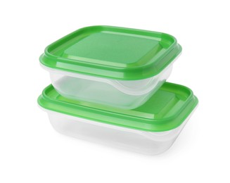 Photo of Empty plastic containers on white background. Food storage