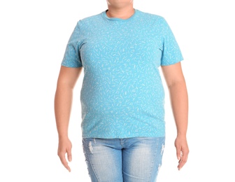 Photo of Fat woman on white background, closeup. Weight loss