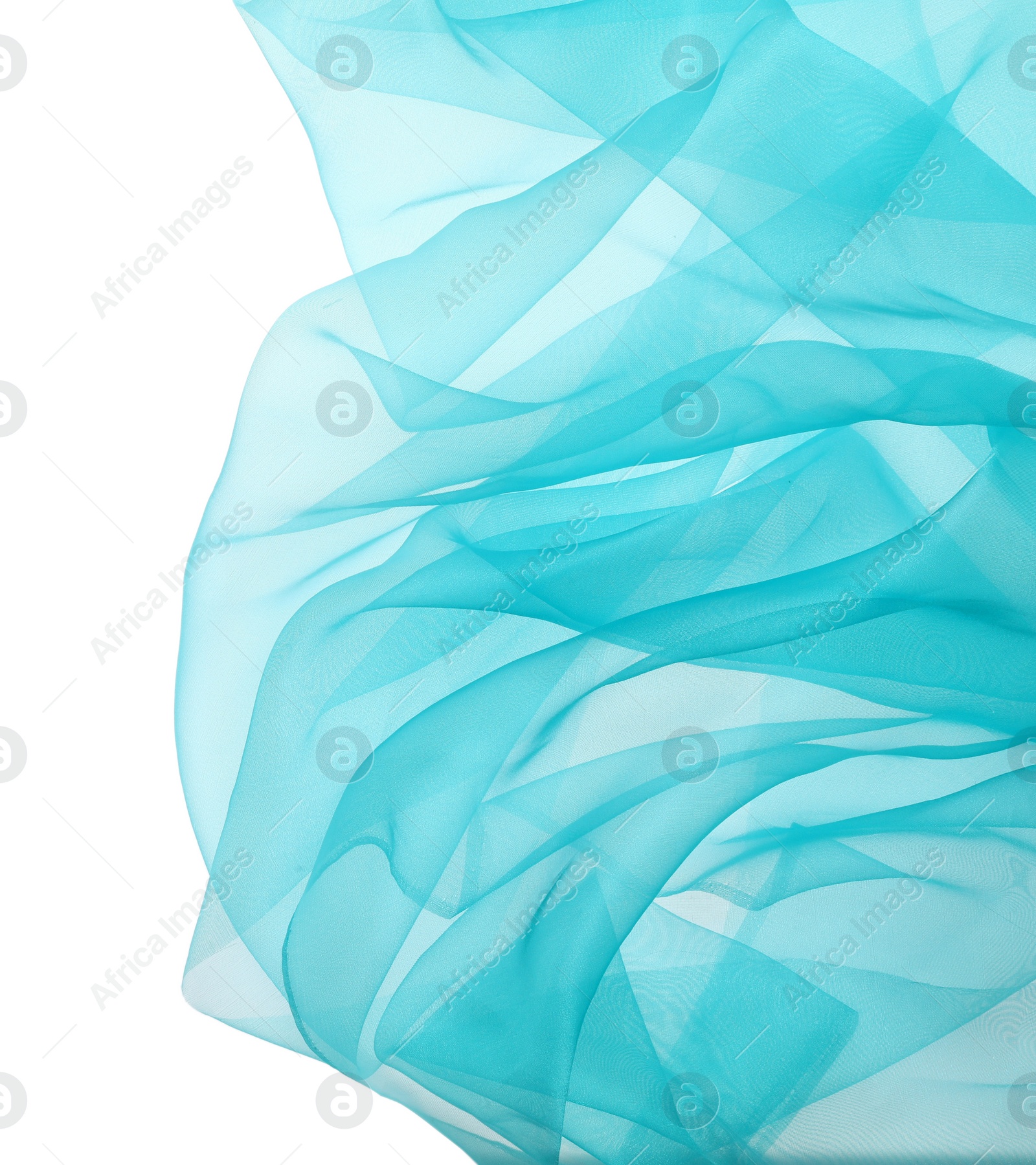 Photo of Beautiful turquoise tulle fabric on white background, top view. Space for text