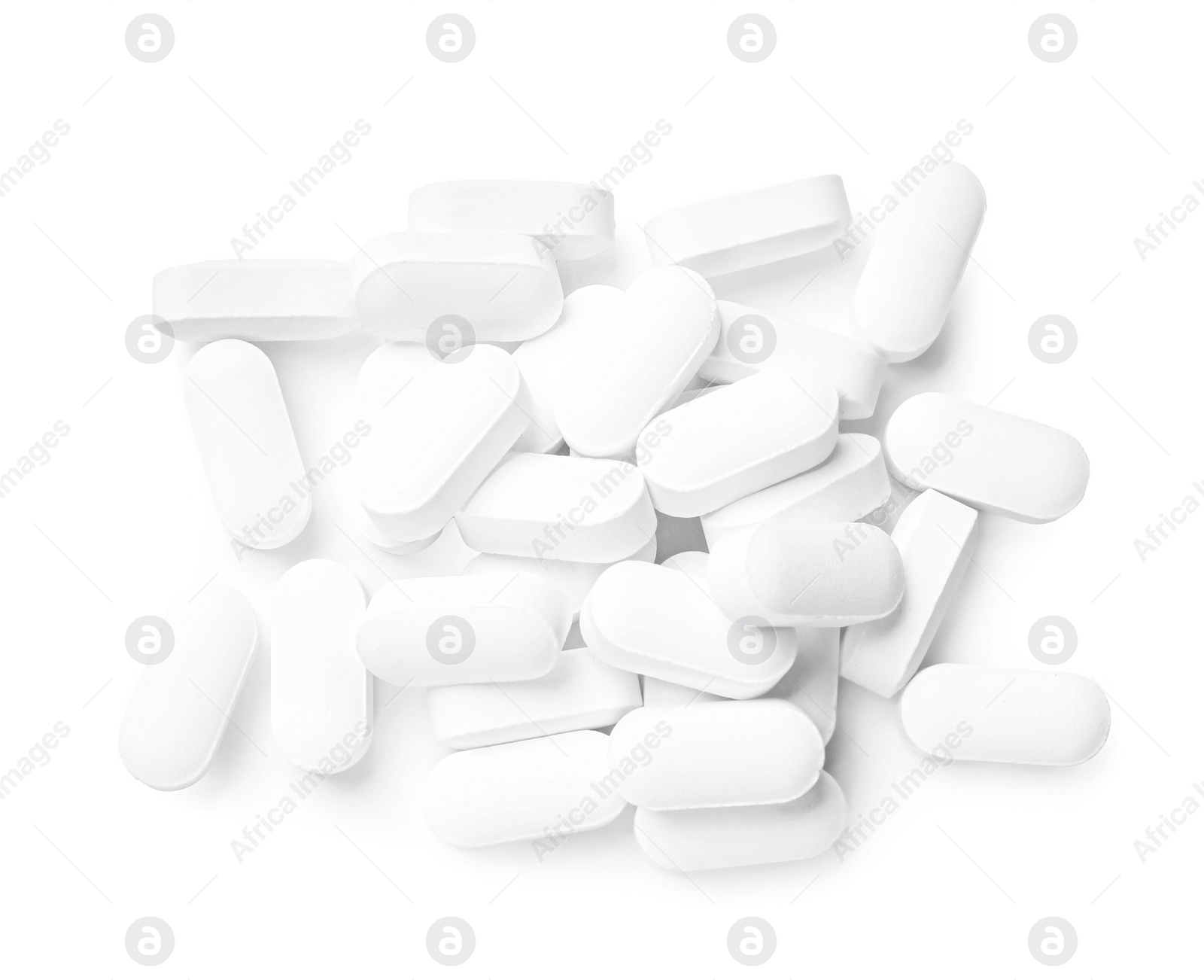 Photo of Vitamin pills isolated on white, top view