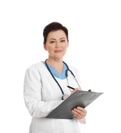 Portrait of female doctor with clipboard isolated on white. Medical staff