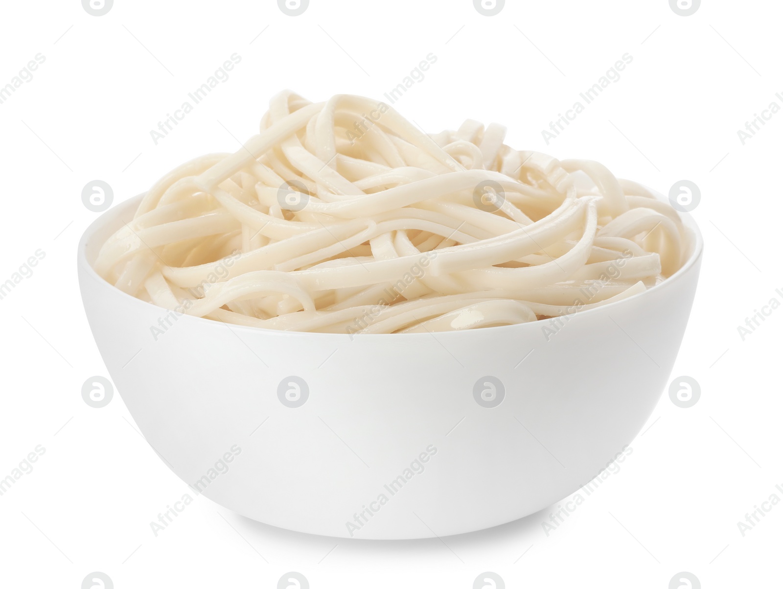 Photo of Bowl with rice noodles isolated on white