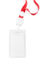 Photo of Blank badge with red string isolated on white, top view