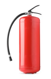 Photo of One red fire extinguisher on white background