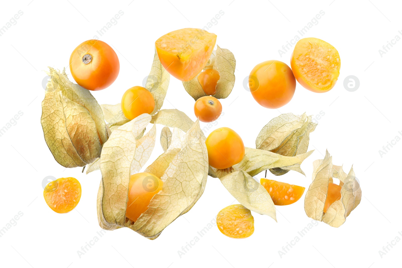 Image of Ripe orange physalis fruits with calyx falling on white background