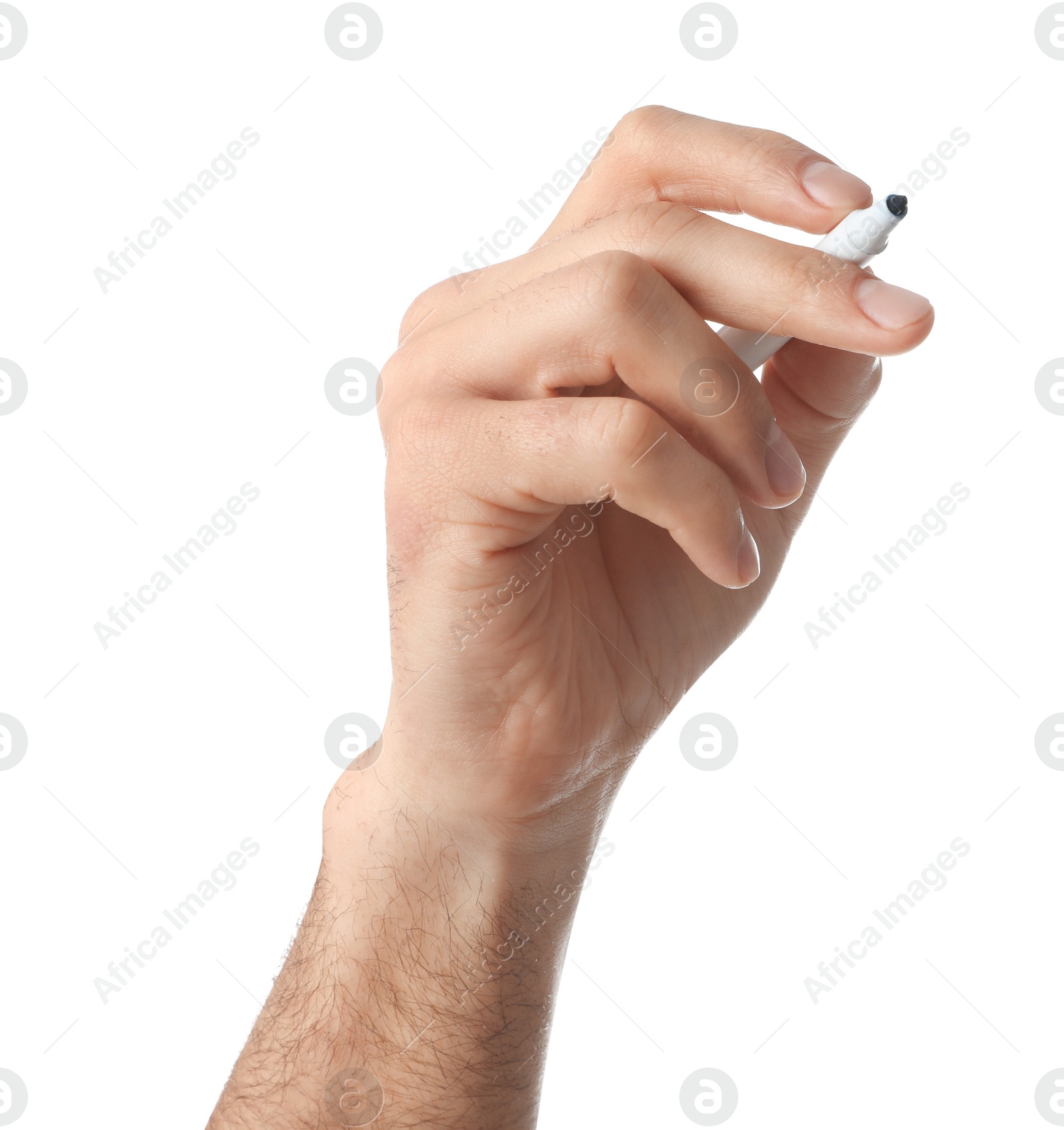 Photo of Man holding color marker on white background, closeup