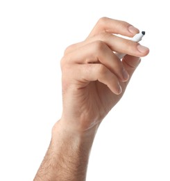 Photo of Man holding color marker on white background, closeup