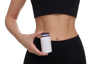 Photo of Woman with bottle of pills on white background, closeup. Weight loss