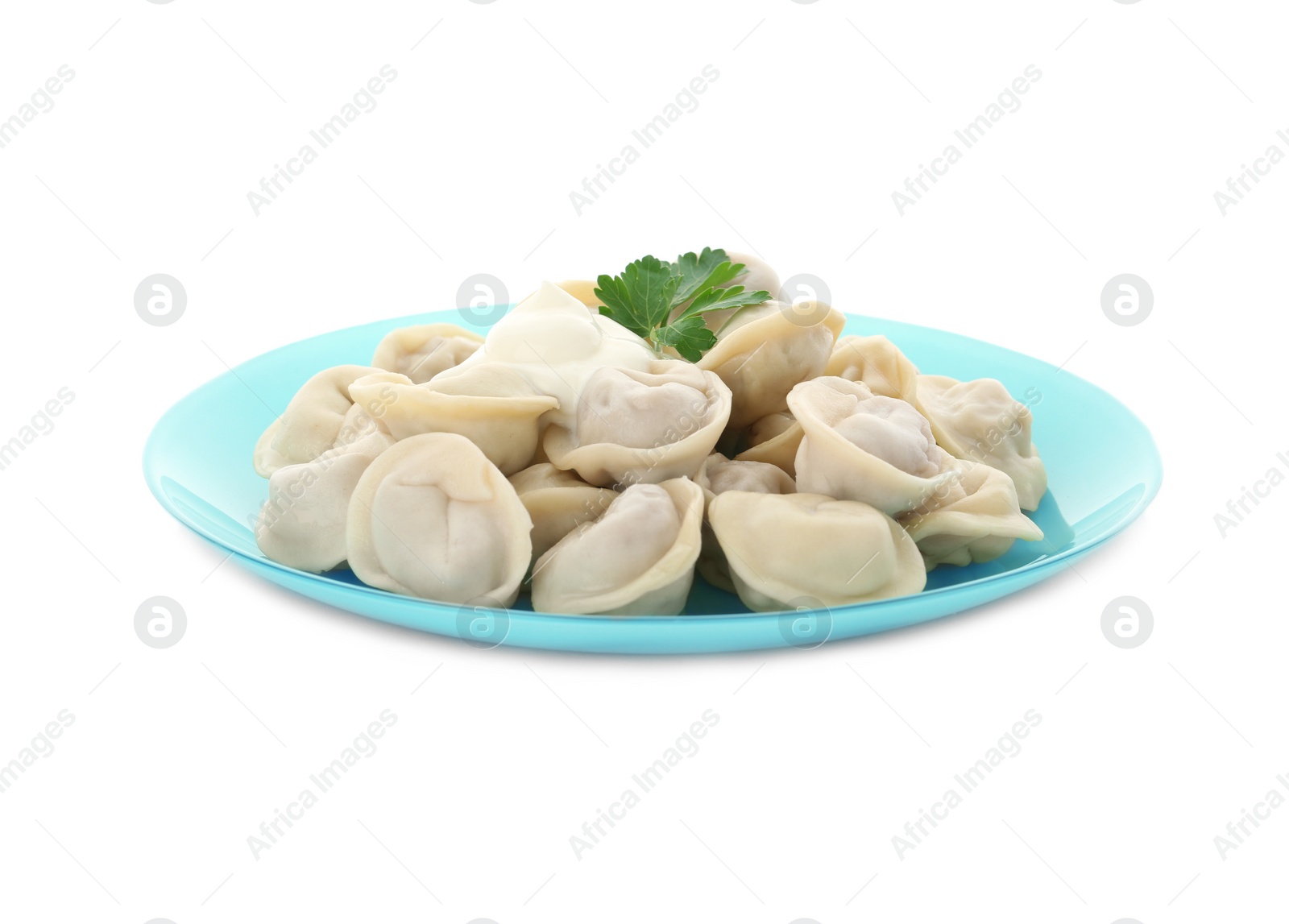 Photo of Plate with tasty dumplings isolated on white