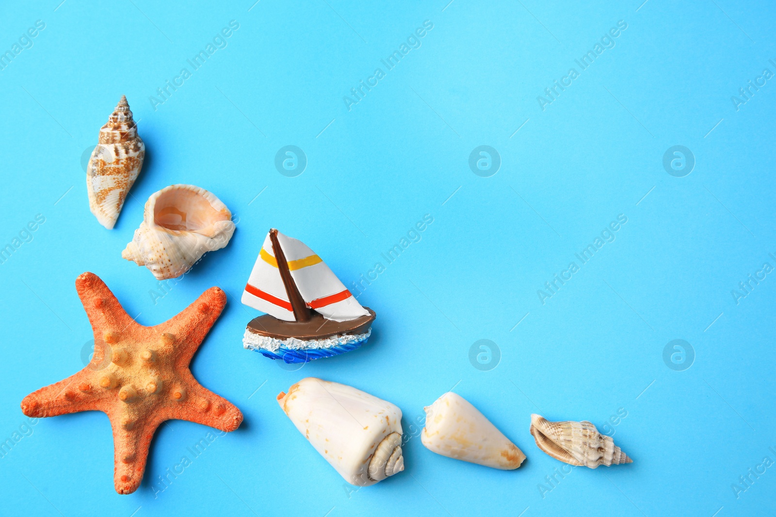 Photo of Beautiful starfish, decorative ship and shells on blue background, flat lay. Space for text