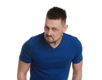 Photo of Angry man on white background. Hate concept