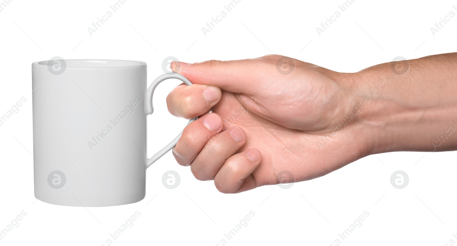 Photo of Man holding mug on white background, closeup