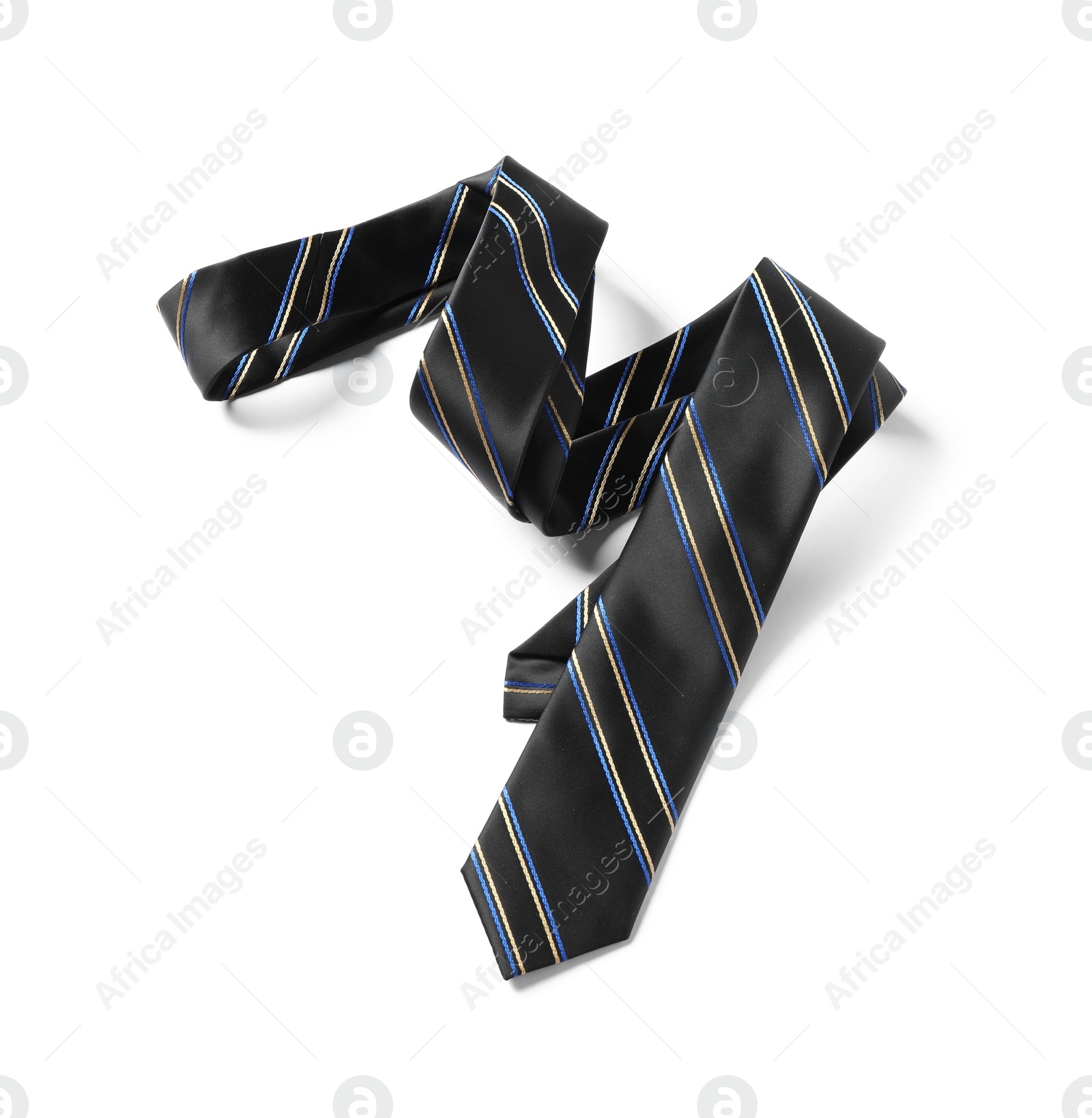 Photo of One striped necktie isolated on white, above view