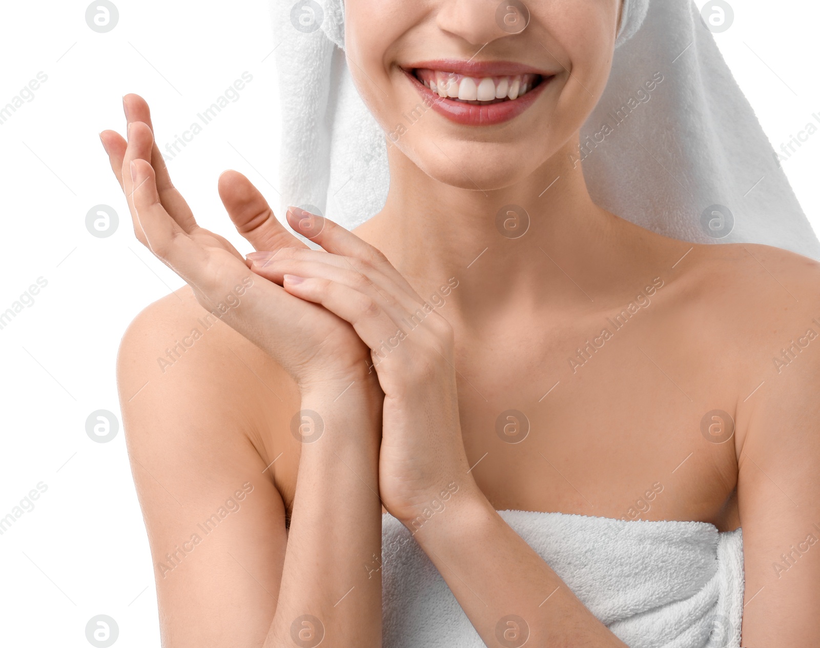 Photo of Young woman with silky skin on white background, closeup