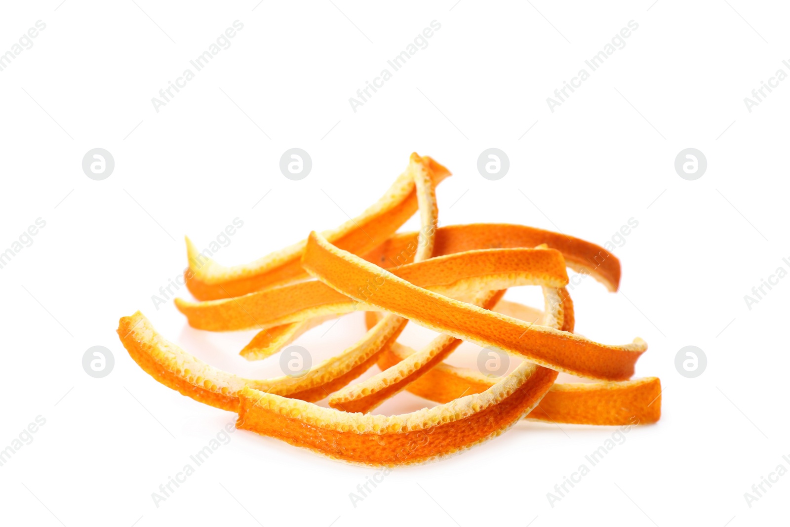 Photo of Pile of dry orange peels on white background