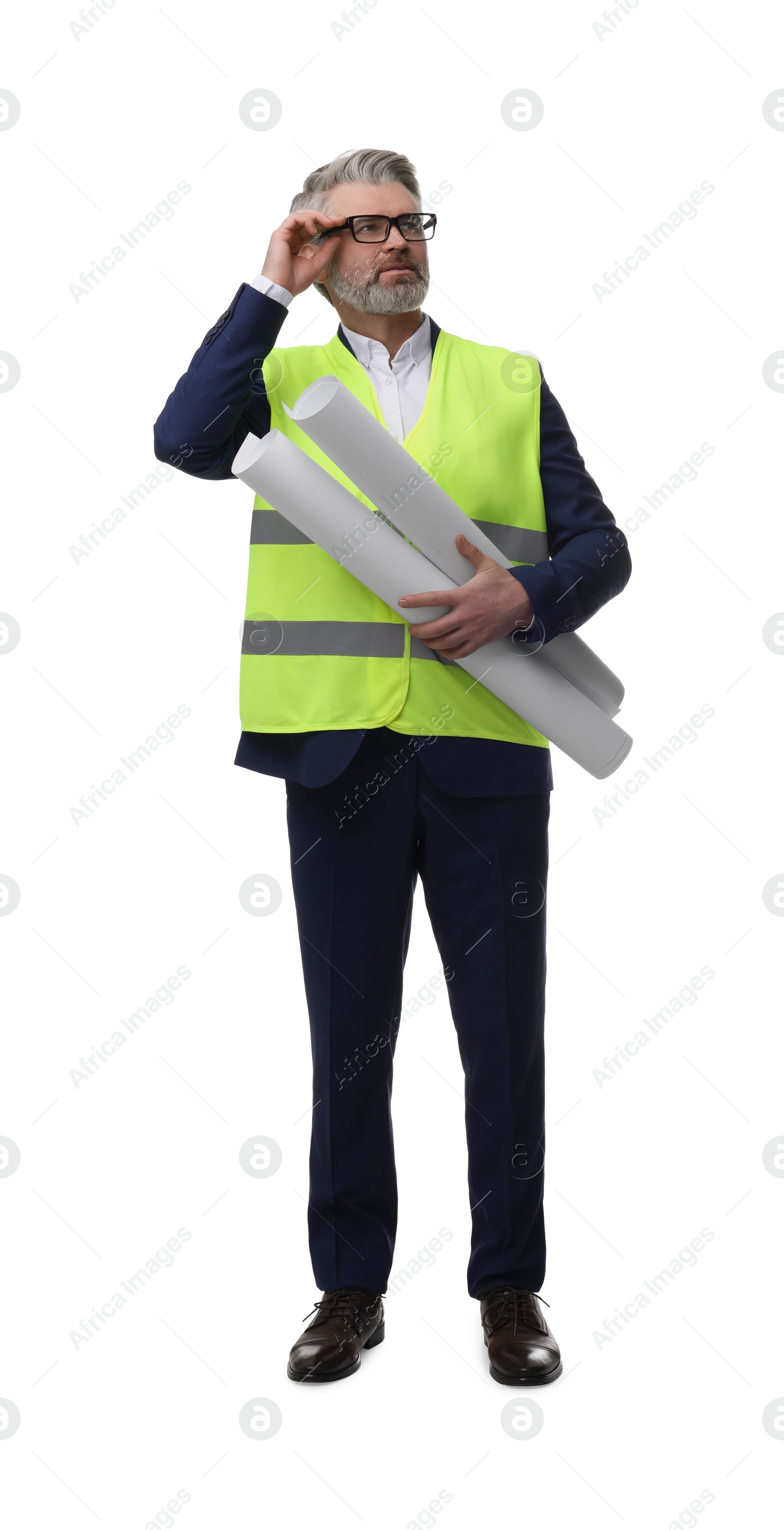 Photo of Architect in glasses holding drafts on white background