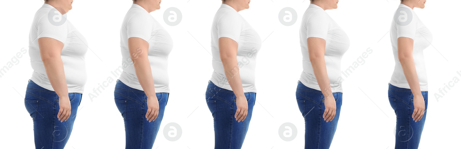 Image of Collage with photos of overweight woman before and after weight loss on white background,closeup. Banner design 