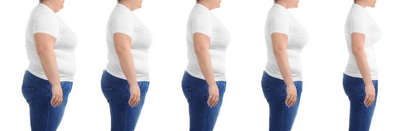 Collage with photos of overweight woman before and after weight loss on white background,closeup. Banner design 