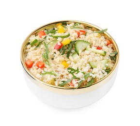 Photo of Cooked bulgur with vegetables in bowl isolated on white