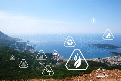 Image of Digital eco icons and beautiful mountains and sea on sunny day