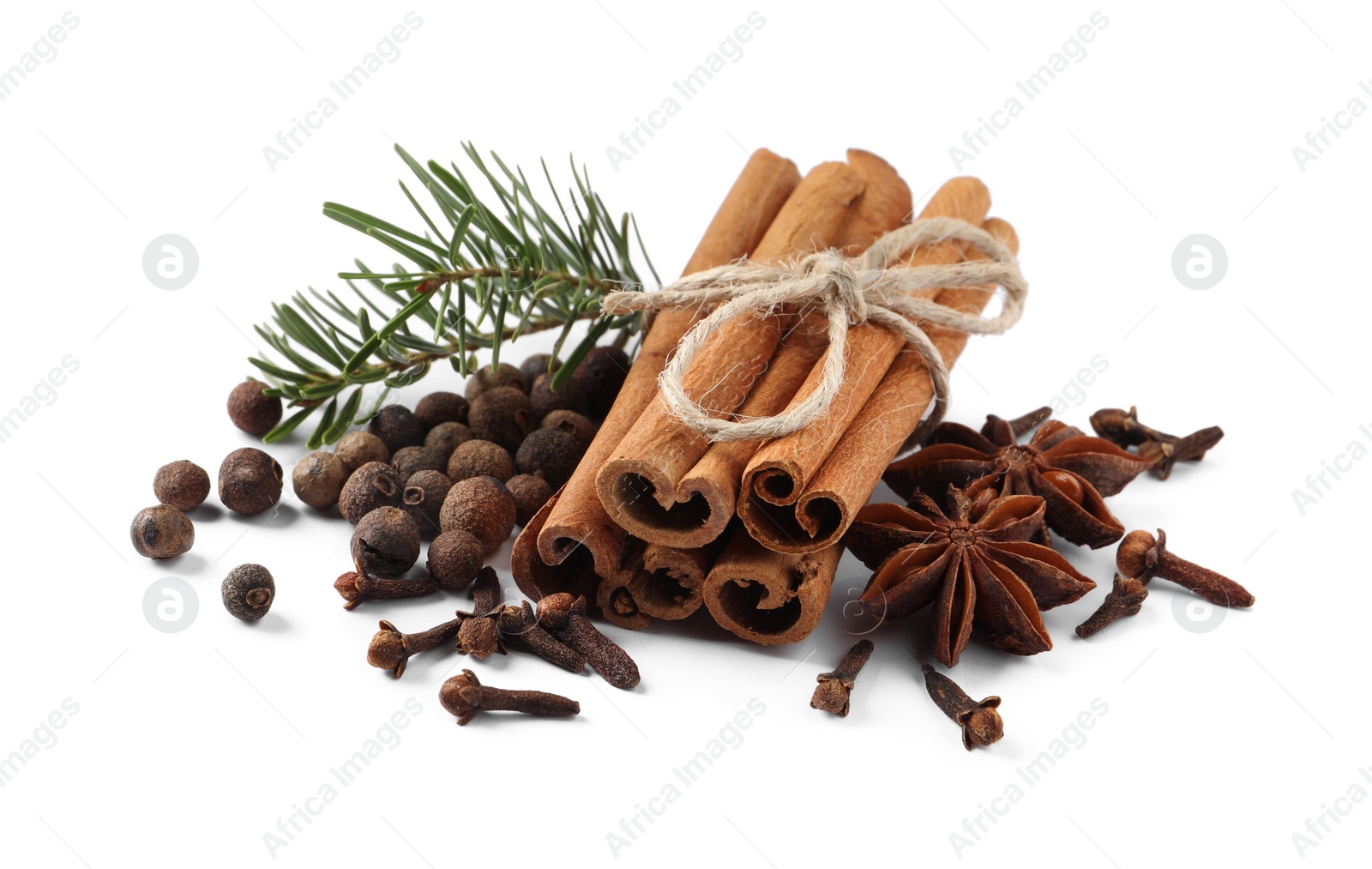 Photo of Different spices and fir branches on white background