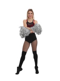 Beautiful cheerleader in costume holding pom poms on white background