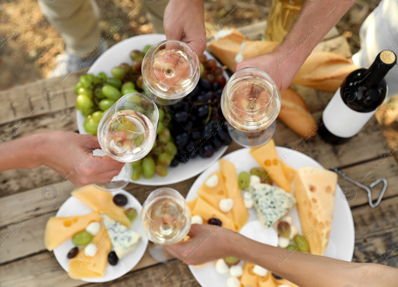 Photo of Friends holding glasses of wine over picnic table at vineyard, top view