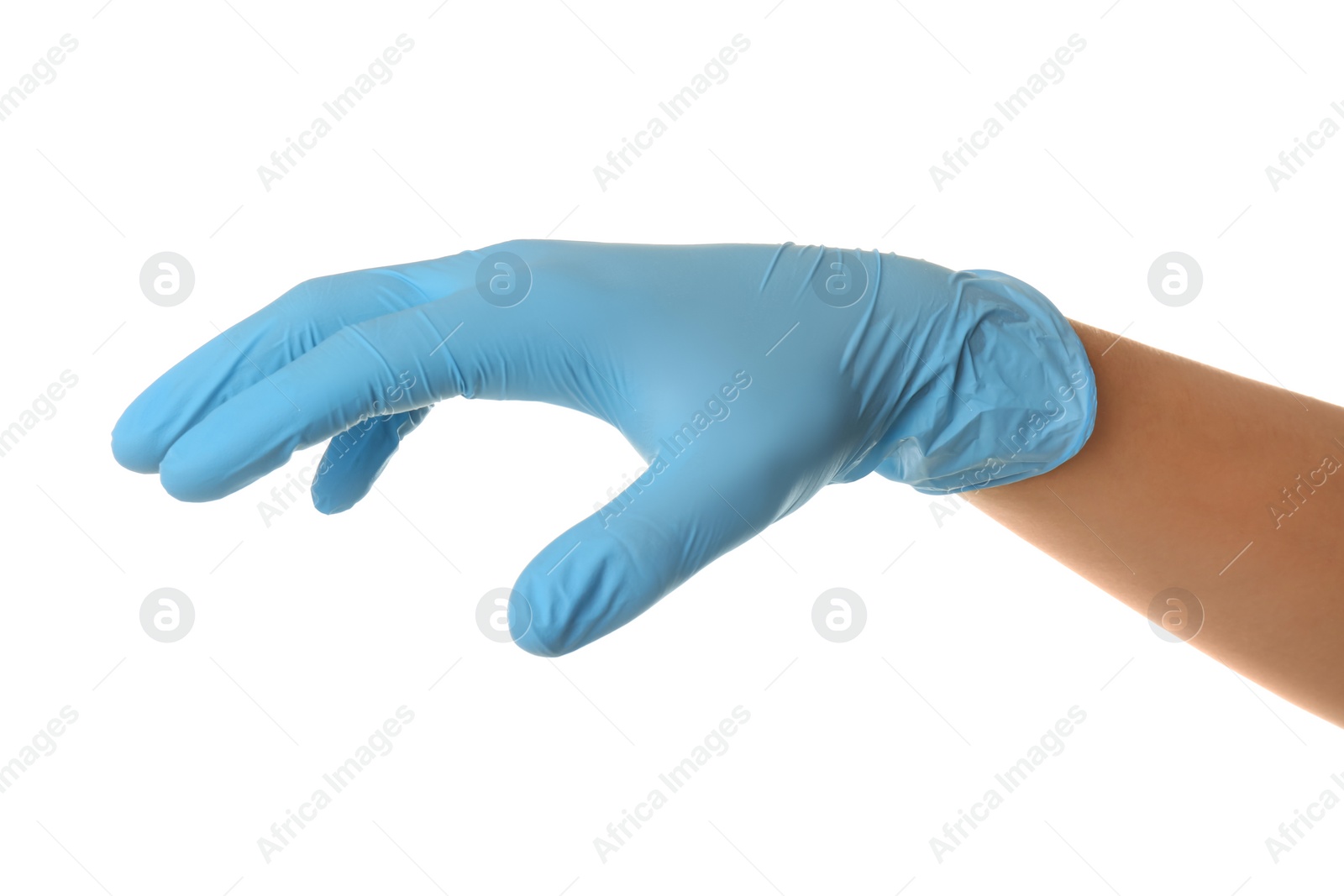 Photo of Person in blue latex gloves holding something against white background, closeup on hand