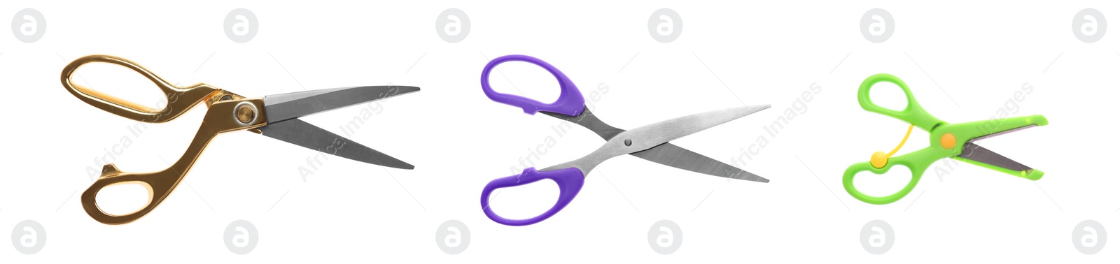 Image of Set with different scissors on white background. Banner design