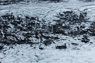 Photo of Heavy rain falling down into puddle outdoors